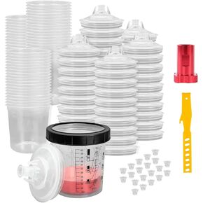 DAXINYANG Disposable Paint Mixing Cup for Automotive Paint Gun, Air Paint Sprayer Gun Cups with Cup Adapter 20 Ounce (600ml) Kit - 50 Cups&Lids, 20 Plugs,1 Hard Cup, 1 Cup Adapter, 1 Paint Stirrer
