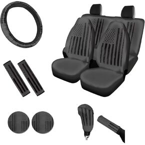 Yewattles American Flag Car Interior Accessories Sets 11 Pcs, All Weather SUV Seat Cover Front Rear, Steer Wheel Cover, PU Leather Car Cup Holder Coaster Hand Brake Cover Gear Shift Handle