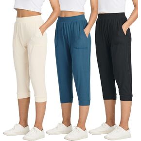 Real Essentials 3 Pack: Women's Ribbed Capri Jogger Lounge Sweatpants with Pockets Yoga Workout (Available in Plus Size)
