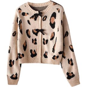 Girl's Leopard Print Cardigan Sweater Bow Knot Button Front Crop Sweaters Cheetah Long Sleeve Crew Neck Cardigans