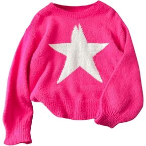 Verdusa Girl's Star Print Fuzzy Top Sweaters Crewneck Long Sleeve Loose Furry Pullovers