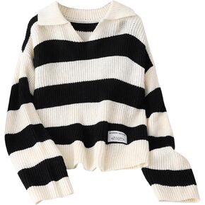 SweatyRocks Girl's Striped Sweater Colorblock Collared V Neck Long Sleeve Knit Pullovers