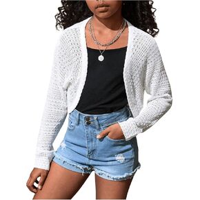 SHENHE Girl's Hollow Out Open Front Bolero Shrug Long Sleeve Loose Cardigan Sweater