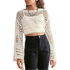 Girl's Hollow Out Knitted Crop Sweater Long Sleeve Crew Neck Drop Shoulder Sheer Pullovers Knitwear