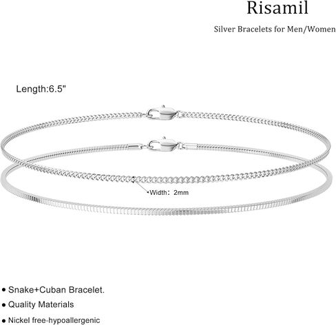 Silver Bracelets for Men Women 2mm Snake Cuban Mens Bracelet 6.5/7/7.5/8/8.5 Inches Bracelets Set Silver Mens Jewelry Gifts for Men in Saudi Arabia