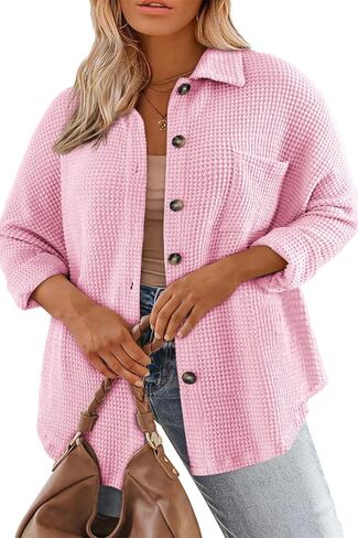 Eytino Womens Plus Size Boyfriend Shirts Casual Long Sleeve Button Down Oversized Waffle Knit Shacket Jacket(1X-5X) in Kuwait