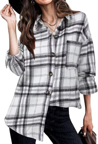 ZOLUCKY Womens Shackets Jacket Plus Size Long Sleeve Button Down Shirts Blouses Tops in Kuwait