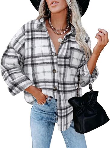 ZOLUCKY Womens Shackets Jacket Plus Size Long Sleeve Button Down Shirts Blouses Tops in Kuwait