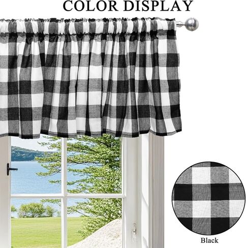 2 حزمة أسود أبيض الجاموس تحقق منقوشة نافذة الستائر مزرعة تصميم البلد الستائر متقلب الستائر لغرفة المعيشة غرفة نوم المطبخ 55 × 15 بوصة طول in Kuwait