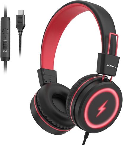 Kid Headphones for School, USB Type C Kids Headphone with LED Lights, Wired Boys Girls Headphones with Safe Limiter 85dB/94dB, Foldable On Ear Headphones with Microphones for Girls, Boys, iPad-Blue in Saudi Arabia