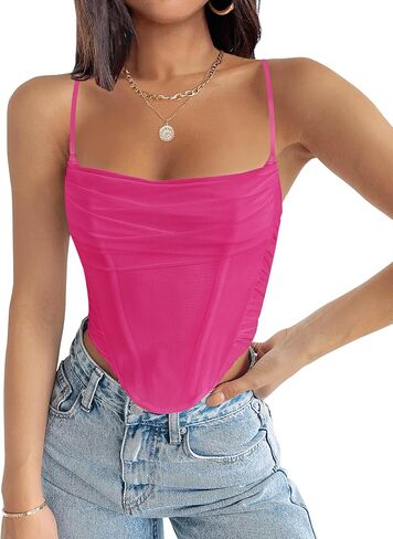 ZESICA Women's Summer Corset Tops Sexy Spaghetti Straps Mesh Bustier Top Cute Camisole Tank Tops in Kuwait