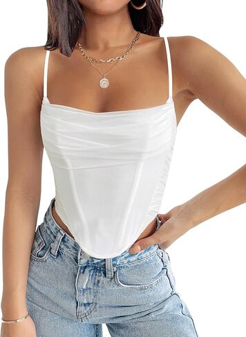 ZESICA Women's Summer Corset Tops Sexy Spaghetti Straps Mesh Bustier Top Cute Camisole Tank Tops in Kuwait