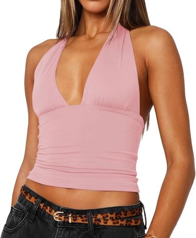 YFANG Women's Sexy Halter Deep V Neck Crop Tank Top Stretchy Sleeveless Double Lined Slim Fit Going Out Tank Top in Saudi Arabia