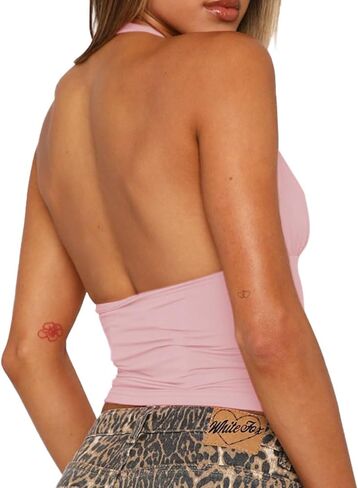 YFANG Women's Sexy Halter Deep V Neck Crop Tank Top Stretchy Sleeveless Double Lined Slim Fit Going Out Tank Top in Saudi Arabia