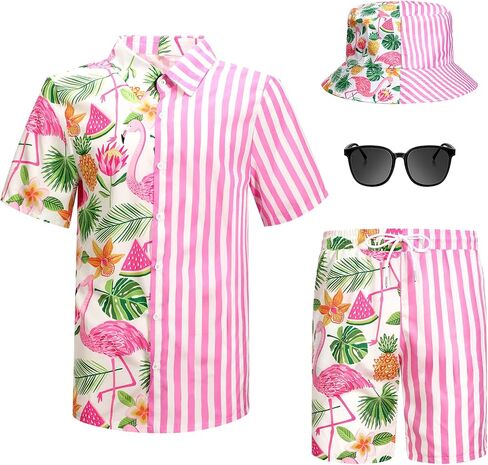 Harloon 4Pcs Mens Hawaiian Shirt and Short Set Beach Outfit Flamingo Print Halloween Tropical Suit with Bucket Hat Sunglasses in Kuwait