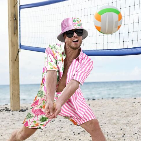Harloon 4Pcs Mens Hawaiian Shirt and Short Set Beach Outfit Flamingo Print Halloween Tropical Suit with Bucket Hat Sunglasses in Kuwait