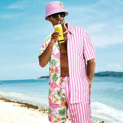 Harloon 4Pcs Mens Hawaiian Shirt and Short Set Beach Outfit Flamingo Print Halloween Tropical Suit with Bucket Hat Sunglasses in Kuwait