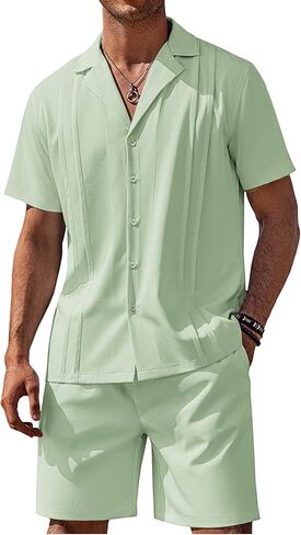 COOFANDY Mens 2 Piece Short Set Guayabera Button Down Shirt Casual Summer Beach Outfits in Kuwait