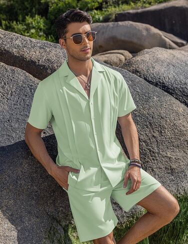 COOFANDY Mens 2 Piece Short Set Guayabera Button Down Shirt Casual Summer Beach Outfits in Kuwait