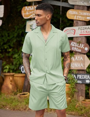 COOFANDY Mens 2 Piece Short Set Guayabera Button Down Shirt Casual Summer Beach Outfits in Kuwait
