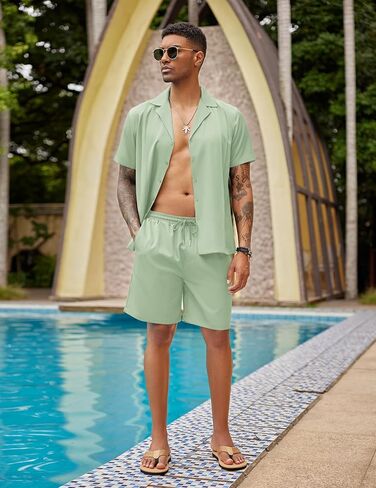 COOFANDY Mens 2 Piece Short Set Guayabera Button Down Shirt Casual Summer Beach Outfits in Kuwait