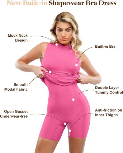 Popilush Shapewear Dress Midi Bodycon - Mock Neck Built in Shapewear Bra 9 in 1 Sleeveless Slip Dress for Women in Kuwait