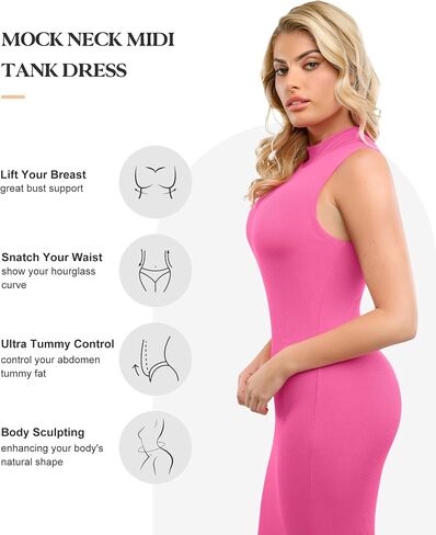 Popilush Shapewear Dress Midi Bodycon - Mock Neck Built in Shapewear Bra 9 in 1 Sleeveless Slip Dress for Women in Kuwait