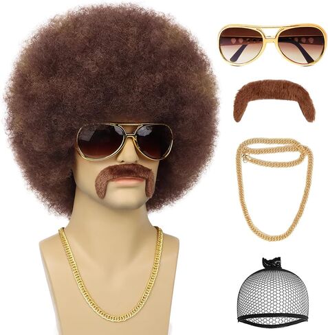 70S Men’s Afro Wig for Disco Party, 5pcs Set (Wig+ Glasses+ Necklace+ Mustache+ Wig Cap) Black Afro Curly Retro Disco Rocker Wigs for 70S 80S Costume Halloween Cosplay Use in Kuwait