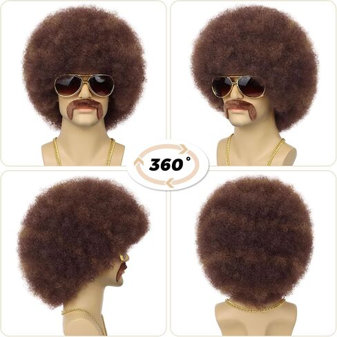 70S Men’s Afro Wig for Disco Party, 5pcs Set (Wig+ Glasses+ Necklace+ Mustache+ Wig Cap) Black Afro Curly Retro Disco Rocker Wigs for 70S 80S Costume Halloween Cosplay Use in Kuwait