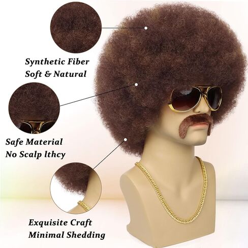 70S Men’s Afro Wig for Disco Party, 5pcs Set (Wig+ Glasses+ Necklace+ Mustache+ Wig Cap) Black Afro Curly Retro Disco Rocker Wigs for 70S 80S Costume Halloween Cosplay Use in Kuwait