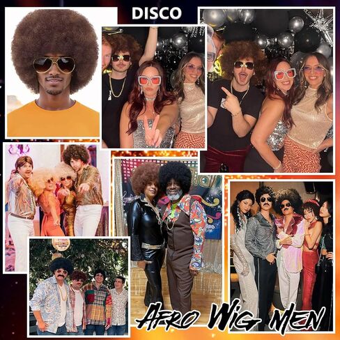 70S Men’s Afro Wig for Disco Party, 5pcs Set (Wig+ Glasses+ Necklace+ Mustache+ Wig Cap) Black Afro Curly Retro Disco Rocker Wigs for 70S 80S Costume Halloween Cosplay Use in Kuwait