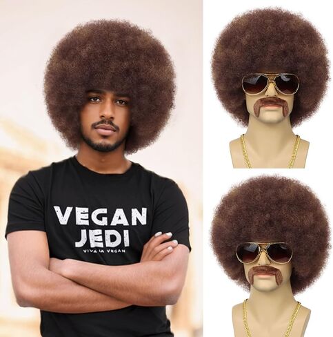 70S Men’s Afro Wig for Disco Party, 5pcs Set (Wig+ Glasses+ Necklace+ Mustache+ Wig Cap) Black Afro Curly Retro Disco Rocker Wigs for 70S 80S Costume Halloween Cosplay Use in Kuwait