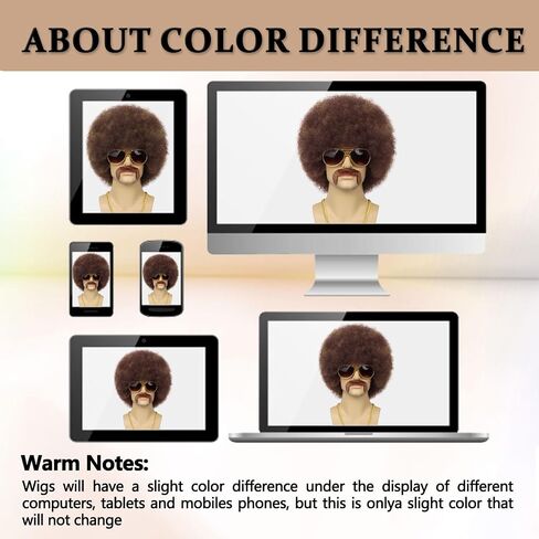 70S Men’s Afro Wig for Disco Party, 5pcs Set (Wig+ Glasses+ Necklace+ Mustache+ Wig Cap) Black Afro Curly Retro Disco Rocker Wigs for 70S 80S Costume Halloween Cosplay Use in Kuwait