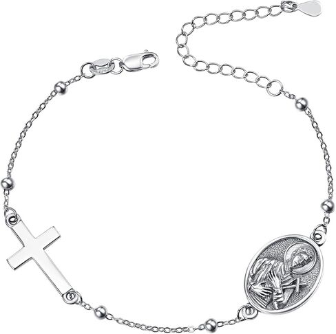 Monetshe Patron Saint Bracelets, 925 Sterling Silver Catholic Cross Pendant Bracelets, Christian Jewelry Gifts for Wife Mom Grandma Daughter with 7"+2" Chain in Saudi Arabia