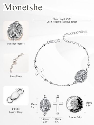 Monetshe Patron Saint Bracelets, 925 Sterling Silver Catholic Cross Pendant Bracelets, Christian Jewelry Gifts for Wife Mom Grandma Daughter with 7"+2" Chain in Saudi Arabia