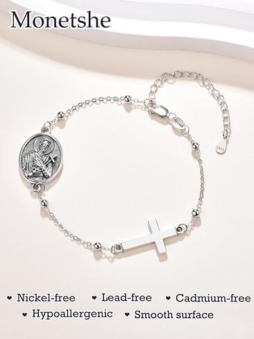 Monetshe Patron Saint Bracelets, 925 Sterling Silver Catholic Cross Pendant Bracelets, Christian Jewelry Gifts for Wife Mom Grandma Daughter with 7"+2" Chain in Saudi Arabia