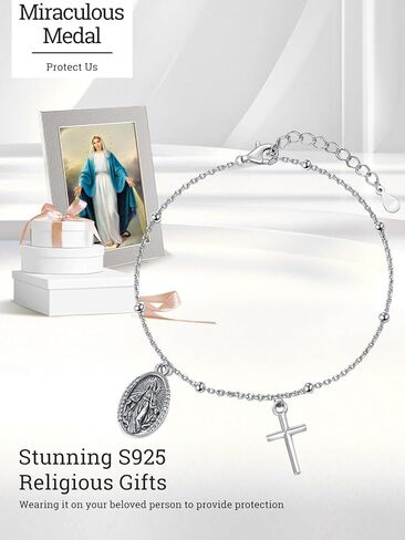 أساور Monetshe Patron Saint، أساور قلادة من الفضة الإسترلينية 925 على شكل صليب كاثوليكي، هدايا مجوهرات مسيحية للزوجة والأم والجدة والابنة مع سلسلة 7 بوصات + 2 بوصة in Saudi Arabia