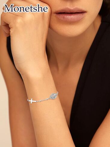 Monetshe Patron Saint Bracelets, 925 Sterling Silver Catholic Cross Pendant Bracelets, Christian Jewelry Gifts for Wife Mom Grandma Daughter with 7"+2" Chain in Saudi Arabia