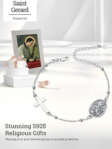 Monetshe Patron Saint Bracelets, 925 Sterling Silver Catholic Cross Pendant Bracelets, Christian Jewelry Gifts for Wife Mom Grandma Daughter with 7"+2" Chain in Saudi Arabia