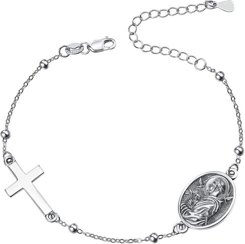 Monetshe Patron Saint Bracelets, 925 Sterling Silver Catholic Cross Pendant Bracelets, Christian Jewelry Gifts for Wife Mom Grandma Daughter with 7"+2" Chain in Saudi Arabia
