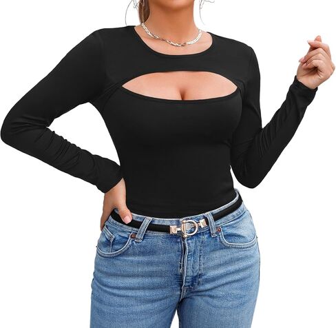 Afibi Women's Cutout Tops Basic Long Sleeve Round Neck Slim Fit T-Shirts in Saudi Arabia
