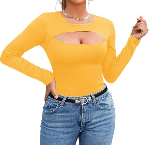 Afibi Women's Cutout Tops Basic Long Sleeve Round Neck Slim Fit T-Shirts in Saudi Arabia