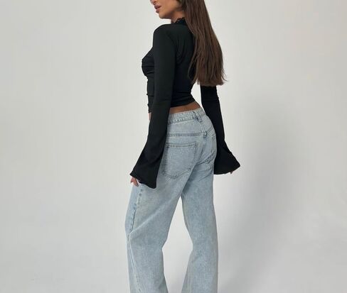 Women Lace Long Sleeve Going Out Tops Y2k Low Cut V Neck Slim Fitted Bell Sleeve Shirt in Saudi Arabia