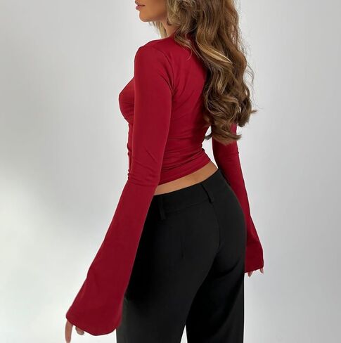 Women Lace Long Sleeve Going Out Tops Y2k Low Cut V Neck Slim Fitted Bell Sleeve Shirt in Saudi Arabia
