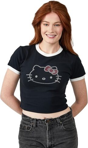 Hello Kitty Character Face Outline Crew Neck Short Sleeve Women's Black Crop Top Baby Tee in Saudi Arabia