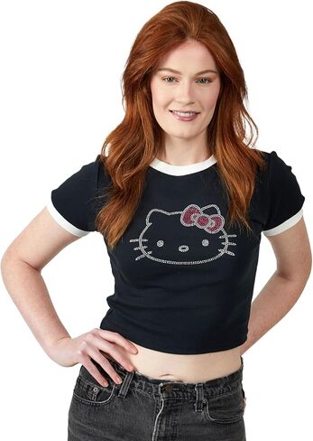 Hello Kitty Character Face Outline Crew Neck Short Sleeve Women's Black Crop Top Baby Tee in Saudi Arabia