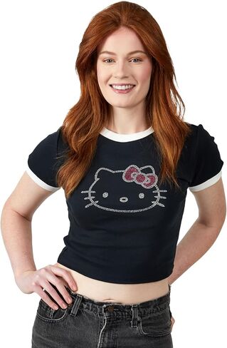 Hello Kitty Character Face Outline Crew Neck Short Sleeve Women's Black Crop Top Baby Tee in Saudi Arabia