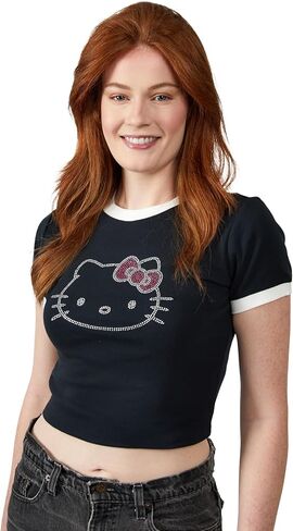 Hello Kitty Character Face Outline Crew Neck Short Sleeve Women's Black Crop Top Baby Tee in Saudi Arabia