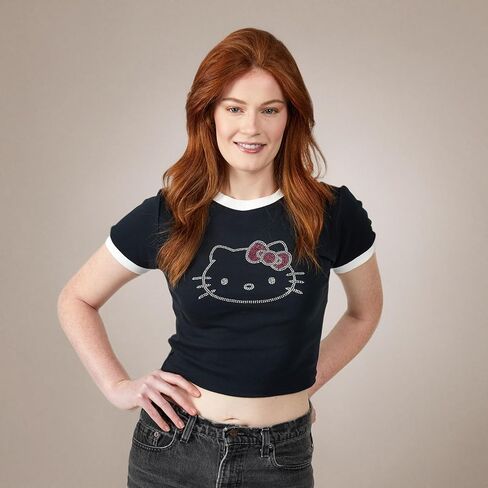 Hello Kitty Character Face Outline Crew Neck Short Sleeve Women's Black Crop Top Baby Tee in Saudi Arabia