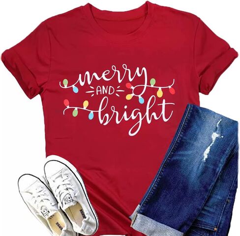 Christmas Shirt Merry and Bright Christmas Lights T-Shirts Women Xmas Lights Graphic Shirts Merry Christmas Holiday Top in Kuwait